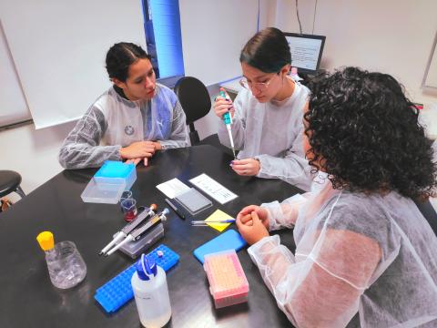Estudantes praticando o uso das micropipetas