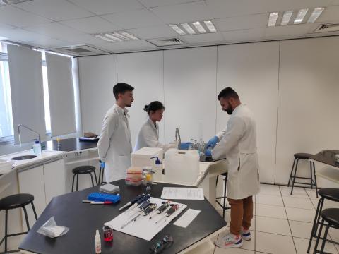 Francisco (à direita) diluindo tampão e preparando gel de agarose sob supervisão de nossos estagiários.