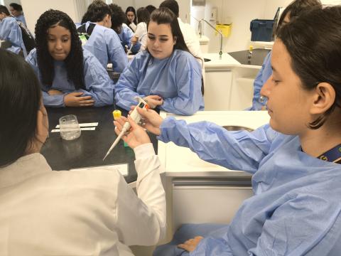 Estudantes aprendendo a utilizar as micropipetas