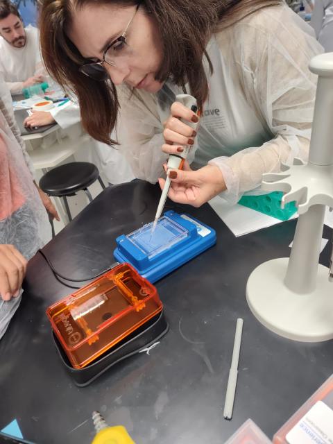 Teacher applying a sample in the electrophoresis gel