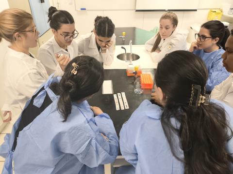 Estudante coletando uma amostra com a micropipeta