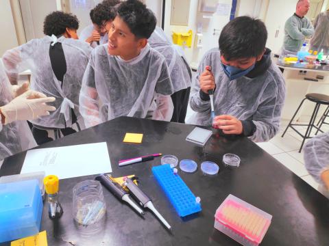 Estudantes aprendendo a manipular a micropipeta.