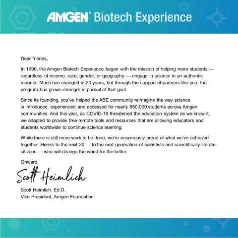 Letter to ABE teachers from Scott Heimlich, VP Amgen Foundation